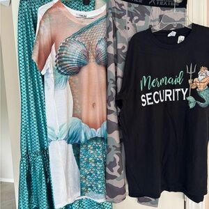 Ladies Mermaid skirt and top and men’s Security Themed T-Shirts and tights